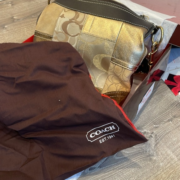 Coach Gold And Metallic Patchwork Medium Duffle Handbag - Picture 8 of 13